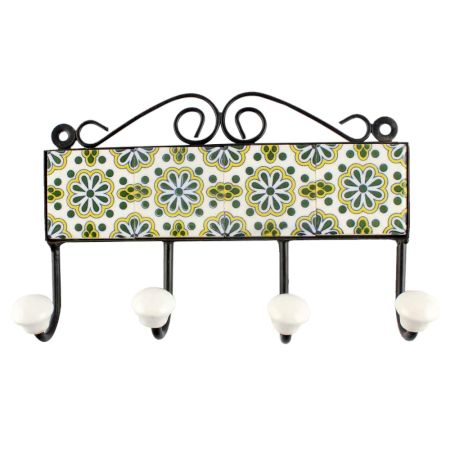 Ceramic Wheel Flower Tile Hook in Forest Green